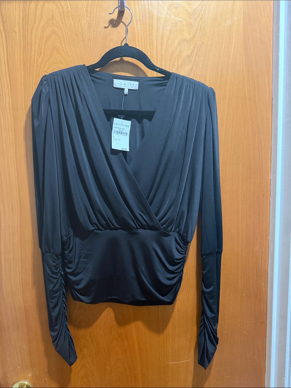 Wayf Black Draped Surplice Long-Sleeve Ruched Blouse NWT